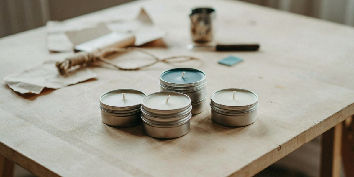 Small metal tin candles with their lids beside them