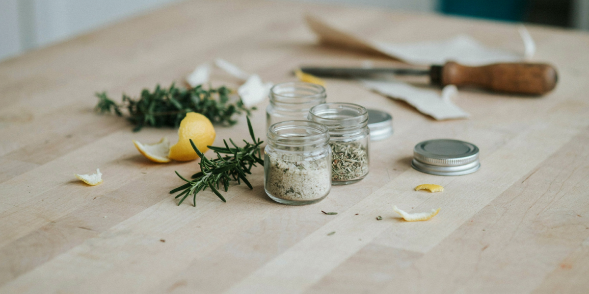 Small jars of green herb salt with rosemary sprigs beside them