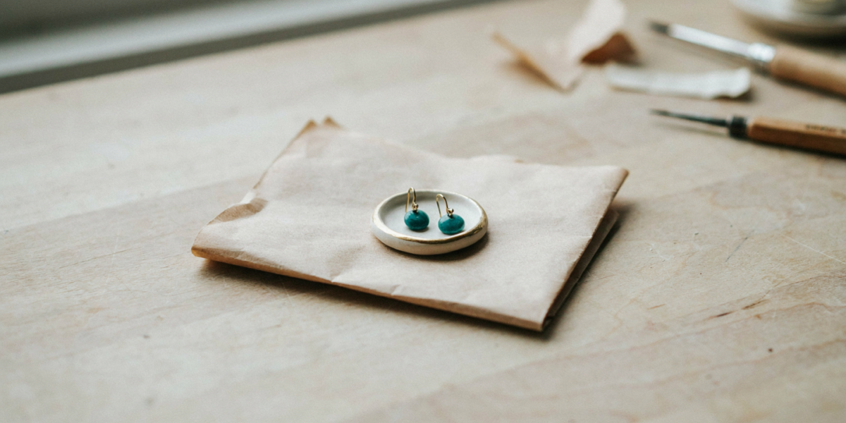 A painted clay ring dish with a gold rim holding a pair of earrings