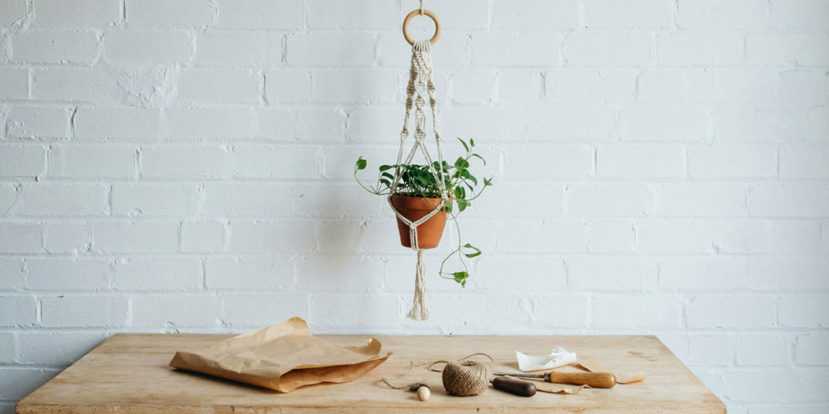 A cream macramé plant hanger with a small trailing plant