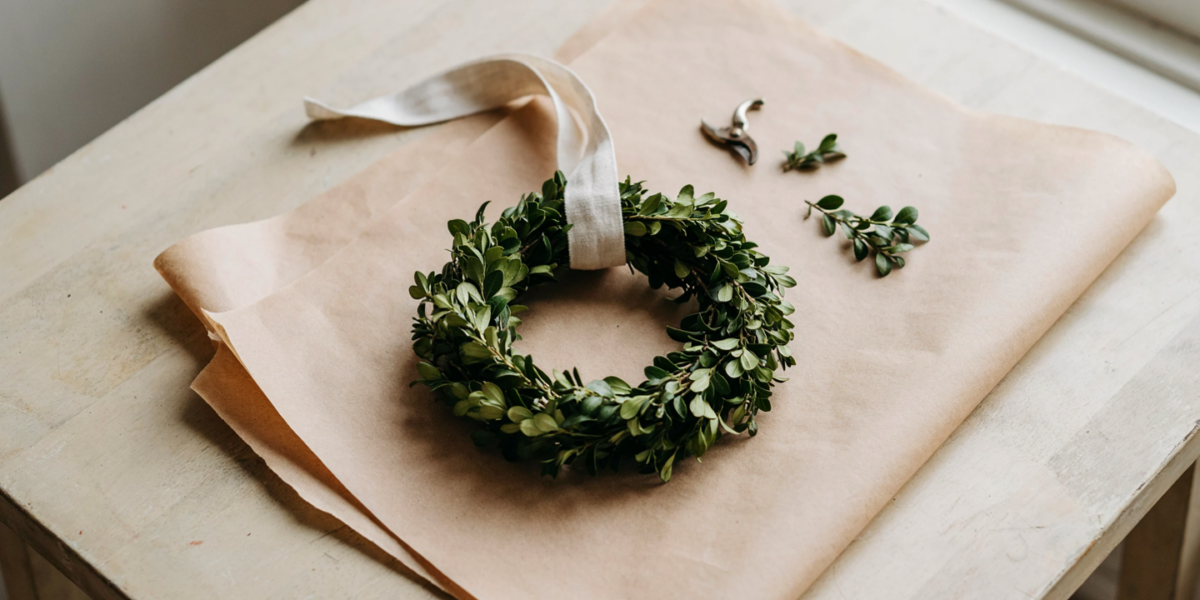 A small dense boxwood wreath with a thin linen ribbon