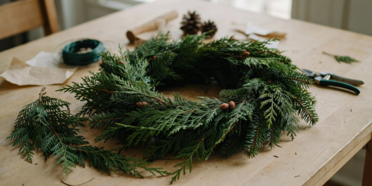 A full fresh fir and cedar wreath on a pine worktable with evergreen cuttings, paddle wire and pruning shears