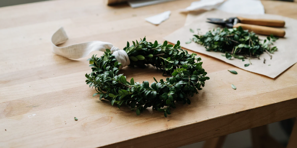 A small dense boxwood wreath with a thin cream ribbon