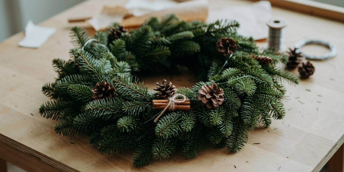 A plain faux wreath with wired pinecones and a bundle of cinnamon sticks added