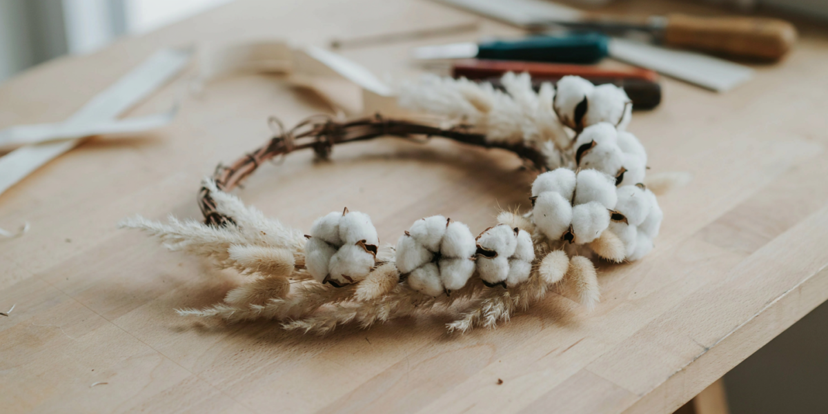 A pale wreath of cotton bolls and soft dried grasses on grapevine