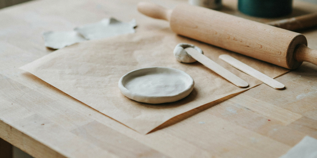 A small white air-dry clay dish drying on a pine table beside a rolling pin