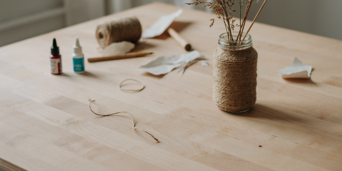 A glass jar wrapped in jute twine holding dried grasses