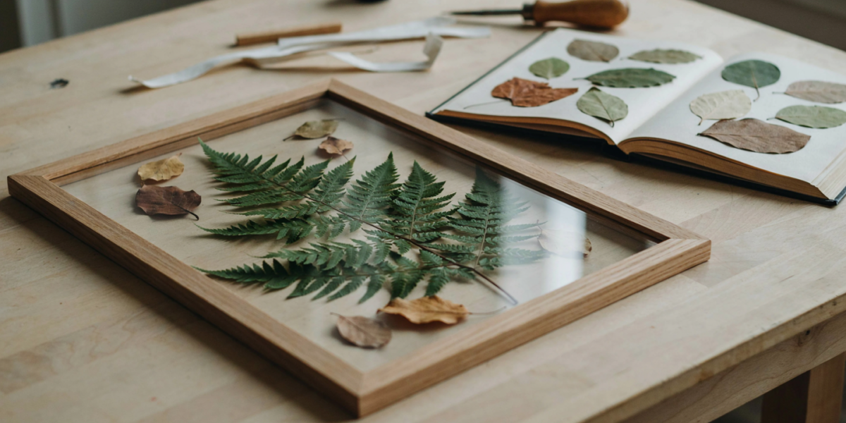A floating glass frame with pressed ferns and leaves