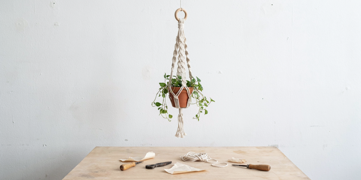 A cream macramé plant hanger holding a small potted plant