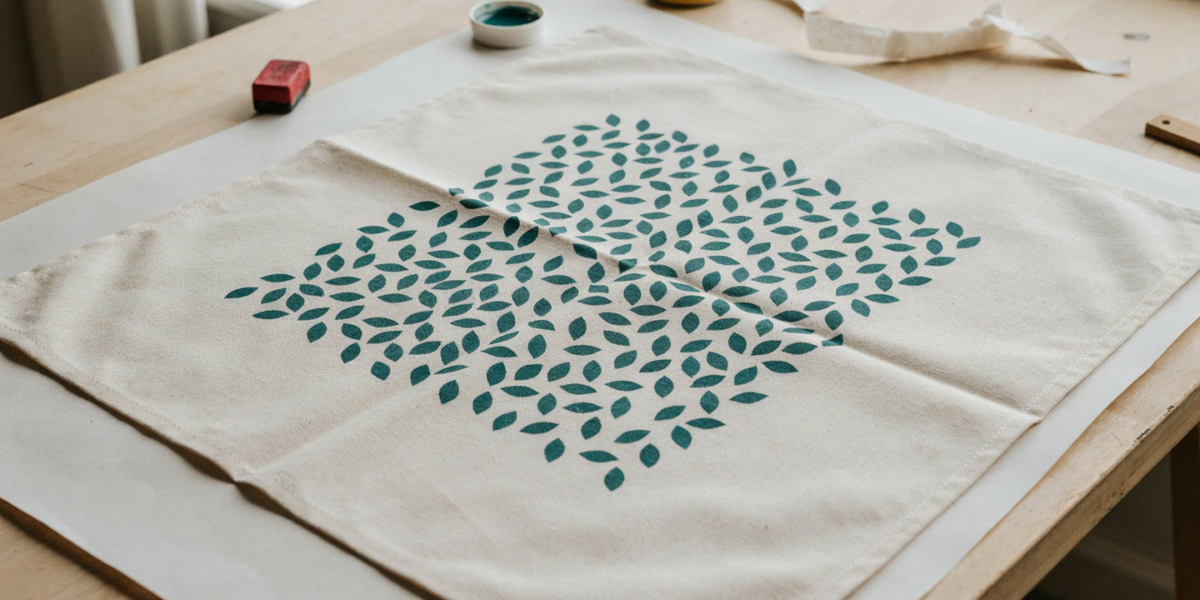 A plain cotton tea towel stamped with rows of a simple leaf shape
