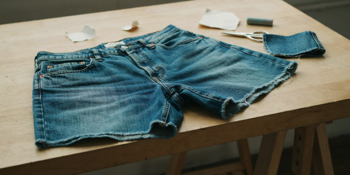 A pair of jeans cut into shorts with a frayed hem, the cut-off legs beside them