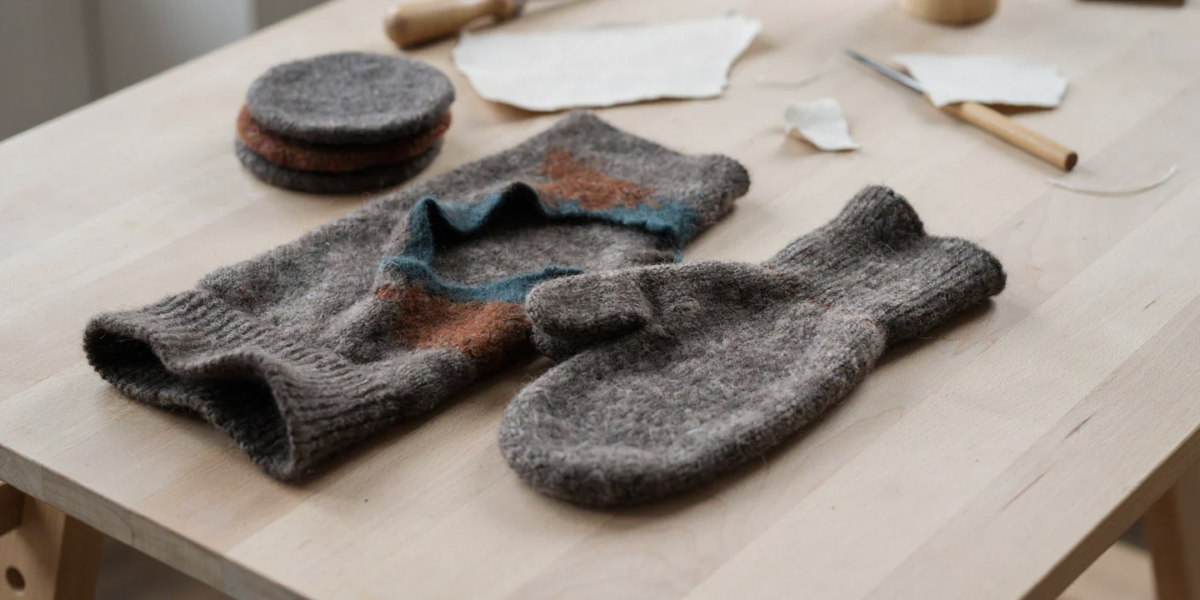 Felted wool sweater cut into coasters and a pair of simple mittens