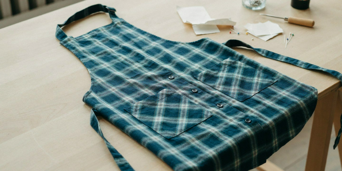 A plaid button-down shirt turned into a simple half apron with ties