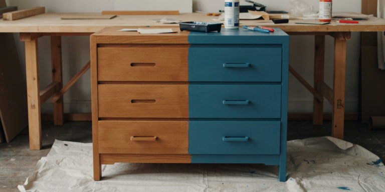 A thrifted wooden dresser half sanded and half painted deep teal in a workshop with brushes and sandpaper