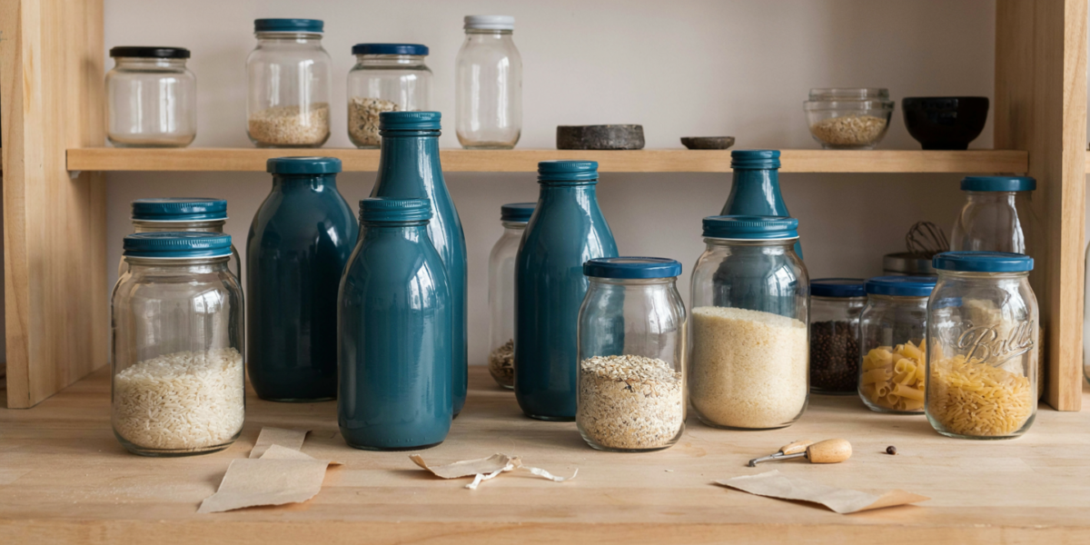 A pantry shelf of cleaned glass jars with matching painted lids holding dry goods