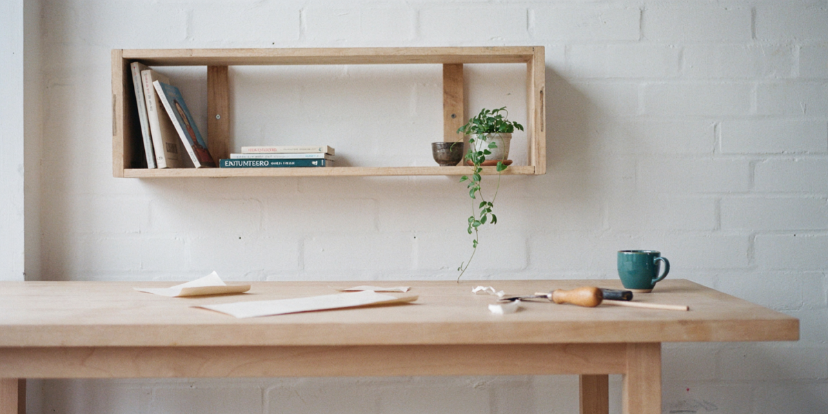 A sanded wooden crate mounted on a wall as a shelf with books and a plant
