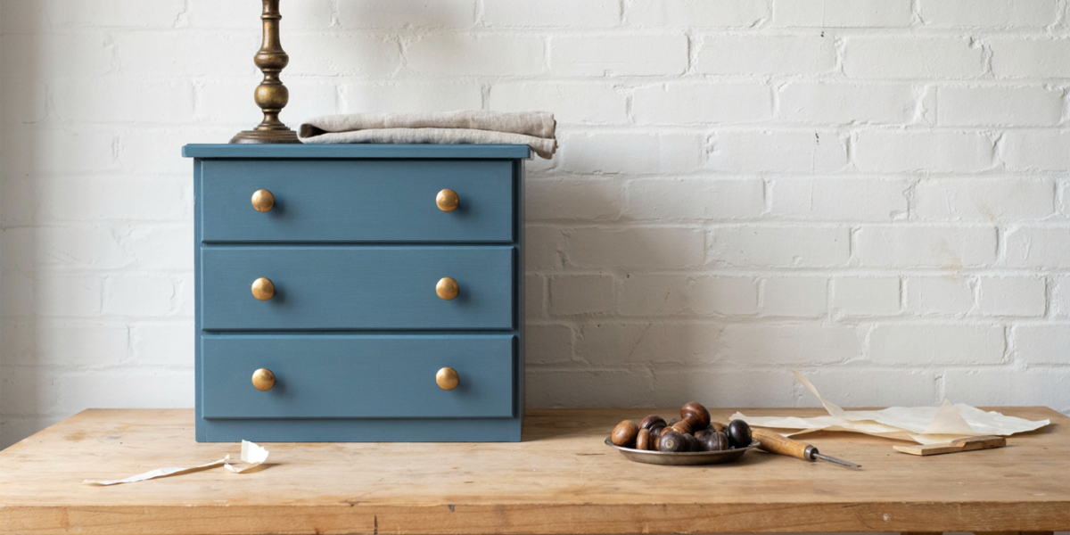 A dresser painted deep teal with new brass knobs