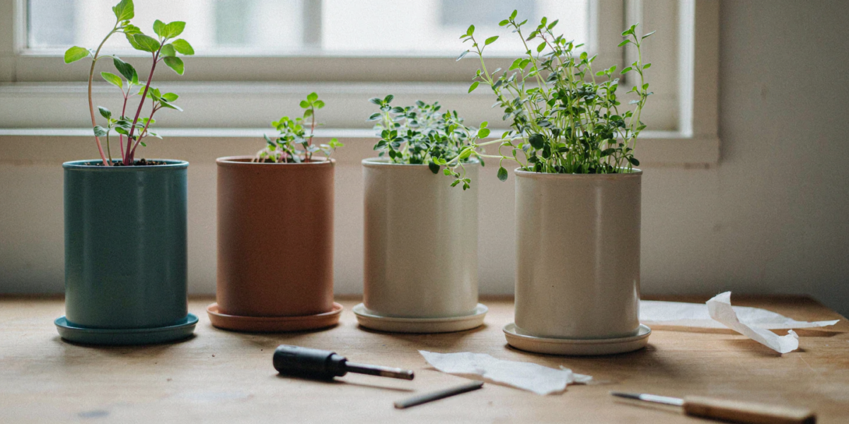 Painted tin can planters with herbs on a windowsill