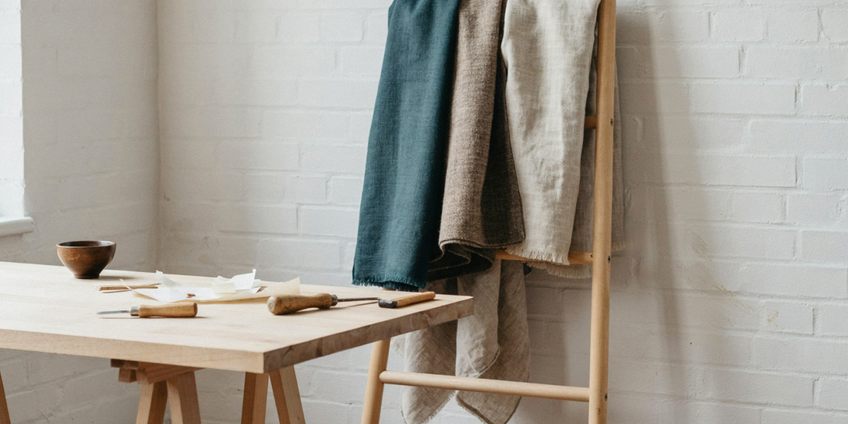 A sanded wooden ladder leaning against a wall with folded blankets over its rungs