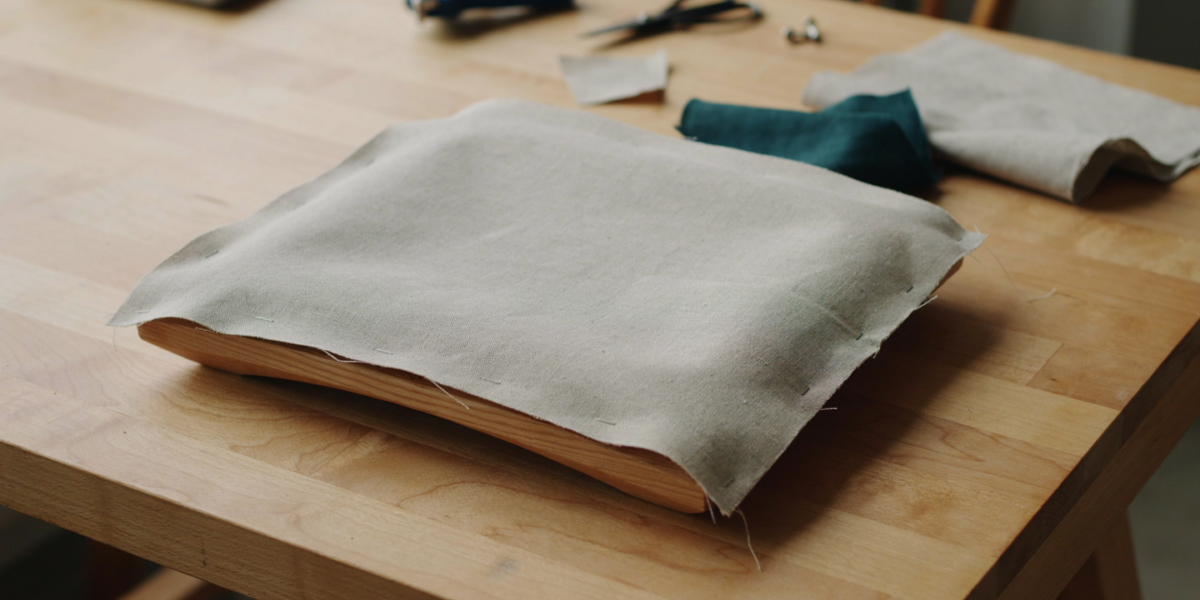 A dining chair seat being re-covered with new fabric and a staple gun