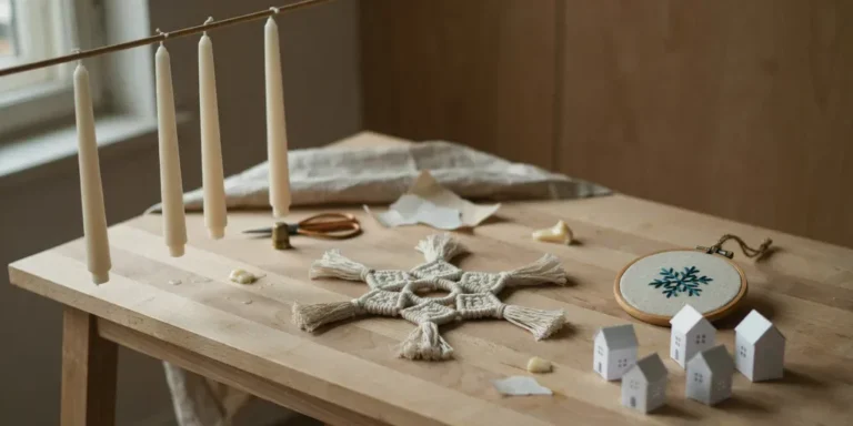 A pine worktable in the evening with hand-dipped cream taper candles drying, a macrame snowflake, an embroidered hoop and a small paper village