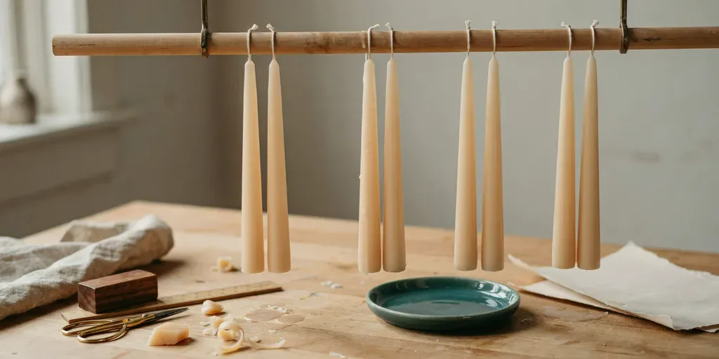 Pairs of cream beeswax taper candles hanging by their wicks from a wooden dowel to cool