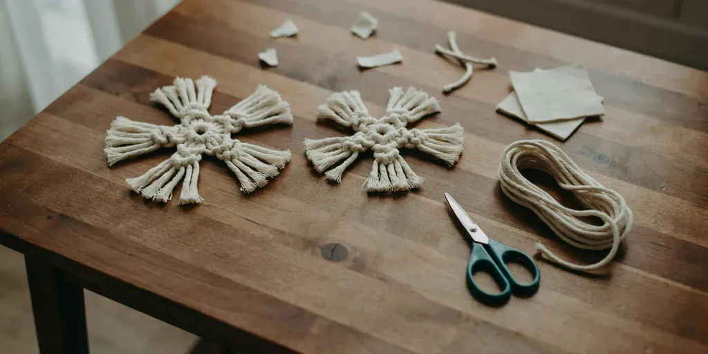 Two cream cotton macrame snowflakes lying on a dark wooden table beside a coil of cord and scissors