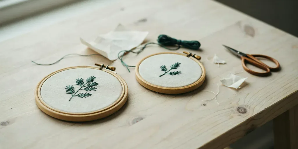 Small wooden embroidery hoops with simple stitched pine branches in green thread on linen