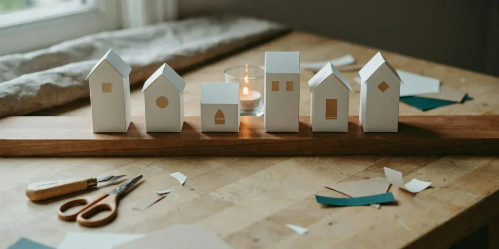 A row of small white paper houses of different heights with cut-out windows on a shelf, a tea light behind them