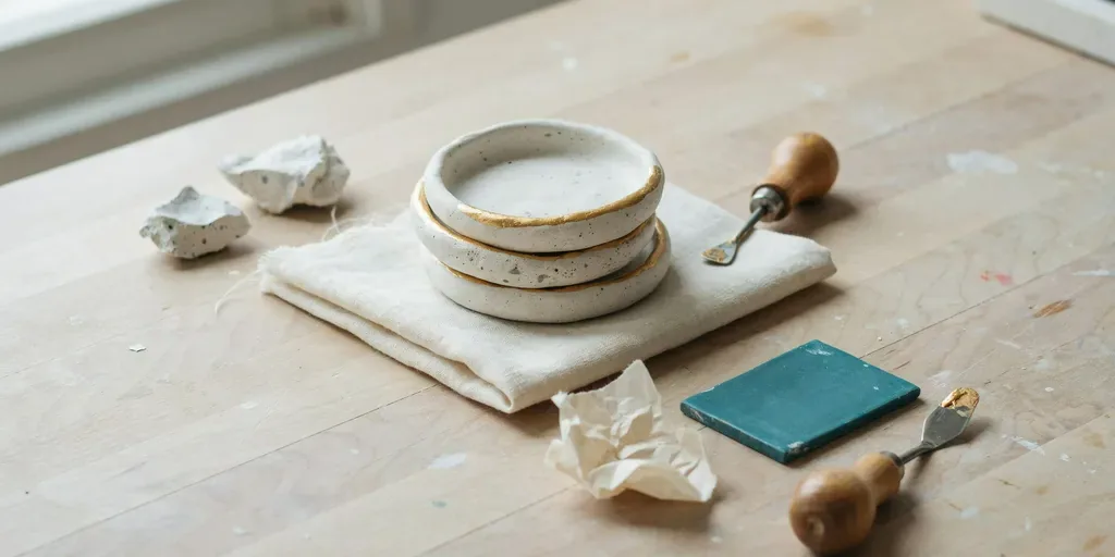 Small white and speckled air dry clay ring dishes with gold-painted rims, stacked on linen
