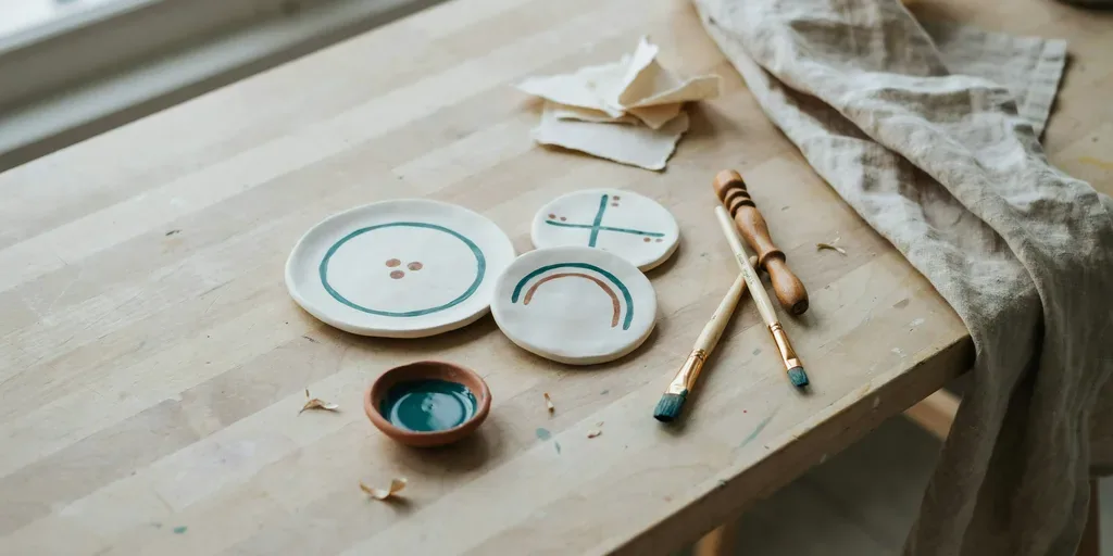 Plain white ceramic disc ornaments hand-painted with simple teal and brown patterns, brushes beside them