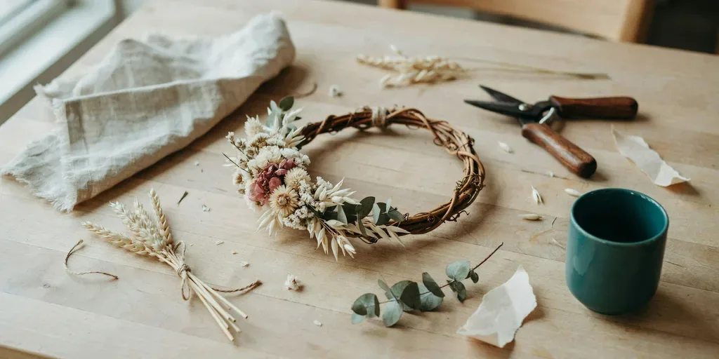 A small wreath of dried flowers, wheat and eucalyptus on a grapevine base, lying on a pine table