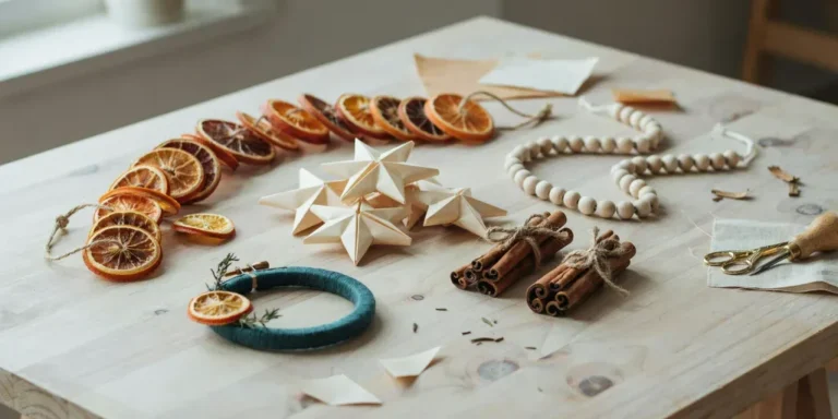 A scrubbed pine worktable with handmade Christmas decorations: a dried orange garland, folded paper stars, cinnamon bundles, a hoop wreath and a wooden bead garland