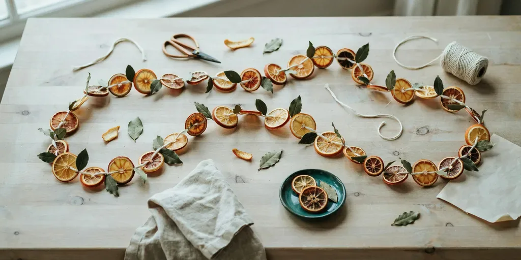 A finished garland of dried orange slices and bay leaves on cotton twine, laid in loops on a pine table