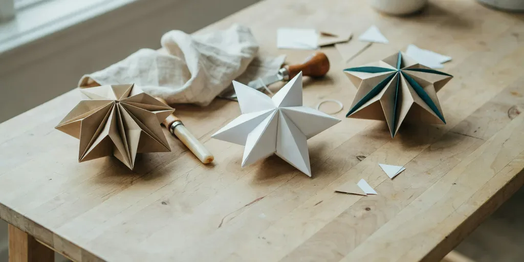 Three folded paper star lanterns in white and kraft paper lying on a pine table with a bone folder