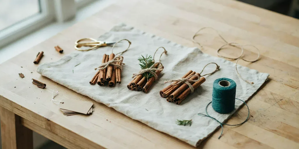 Small bundles of cinnamon sticks tied with twine and a sprig of pine, loops for hanging, on linen