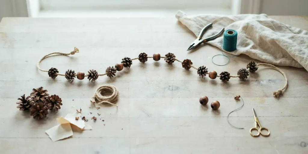 A garland of small pine cones wired to jute cord with a few wooden beads between them