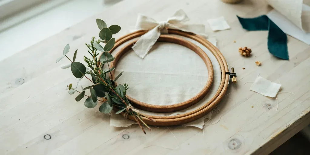 A wooden embroidery hoop wrapped with sprigs of eucalyptus and cedar on one side, a linen ribbon at the top