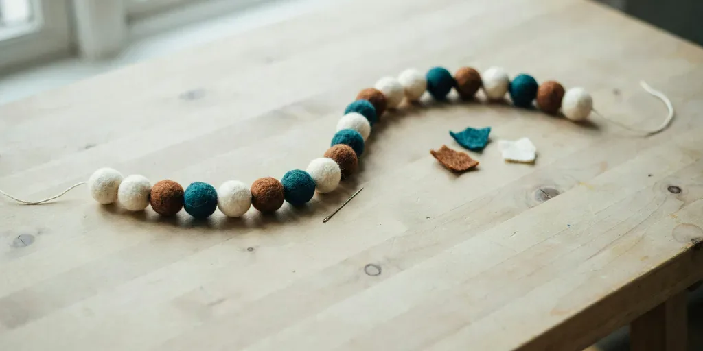 A garland of felt balls in cream, deep teal and walnut brown threaded on thread, with a needle beside it