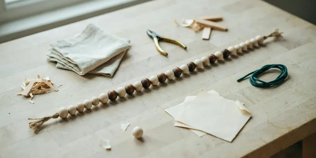 A long string of raw and walnut-stained wooden beads with small tassels at the ends