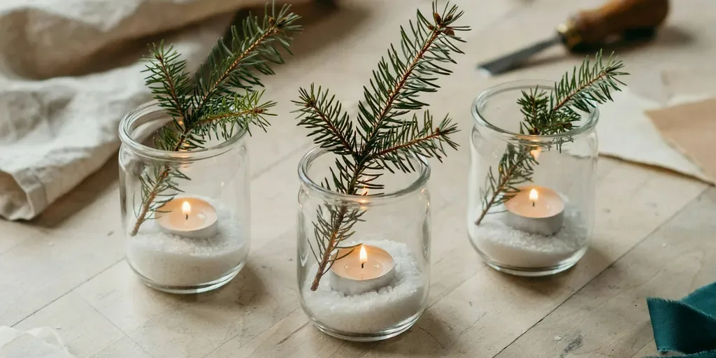 Three glass jars with coarse salt at the bottom, a sprig of pine and a tea light glowing inside each