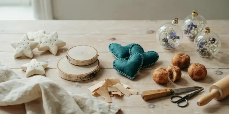 Handmade Christmas ornaments on a pine table: white salt dough stars, painted wood slices, felt hearts, cinnamon shapes and glass balls with dried flowers