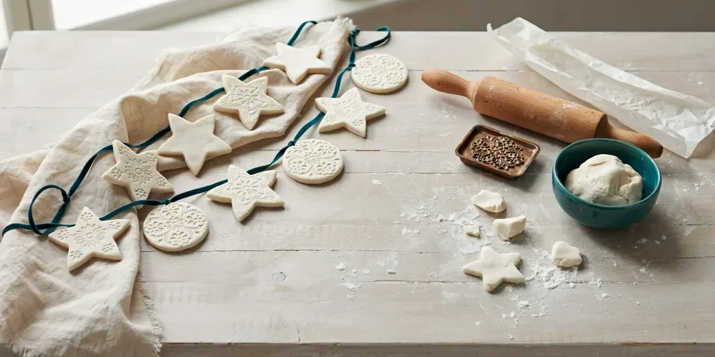 White salt dough ornaments in star and round shapes with a pressed lace texture, strung on thin ribbon