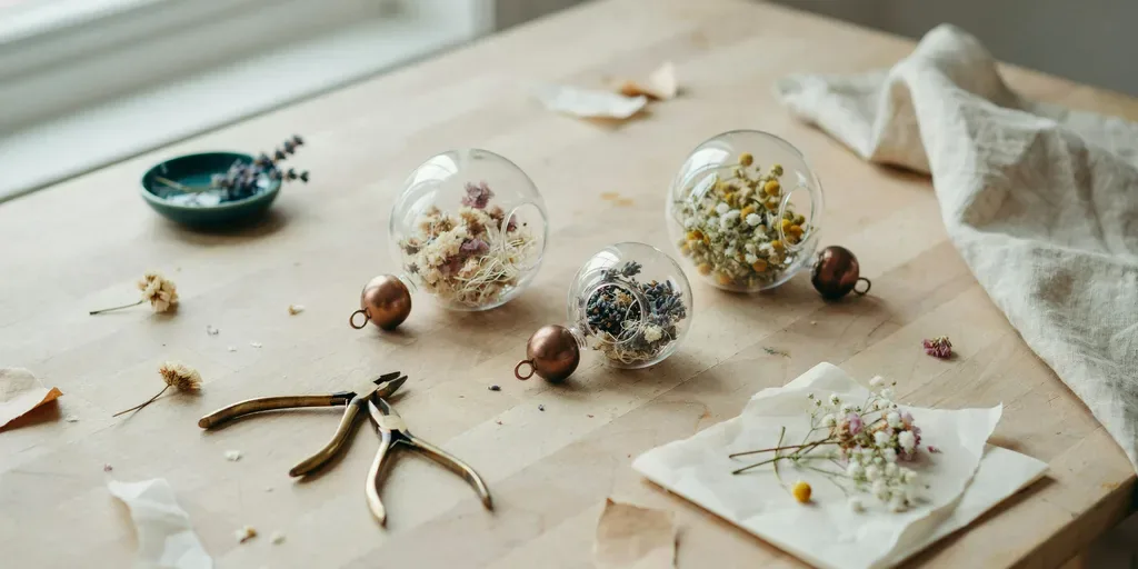 Clear glass ornament balls filled with small dried flowers and baby's breath, caps off beside them