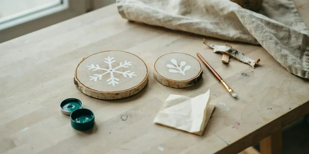 Round birch wood slices painted with simple white snowflake and pine patterns, a small brush and paint beside them