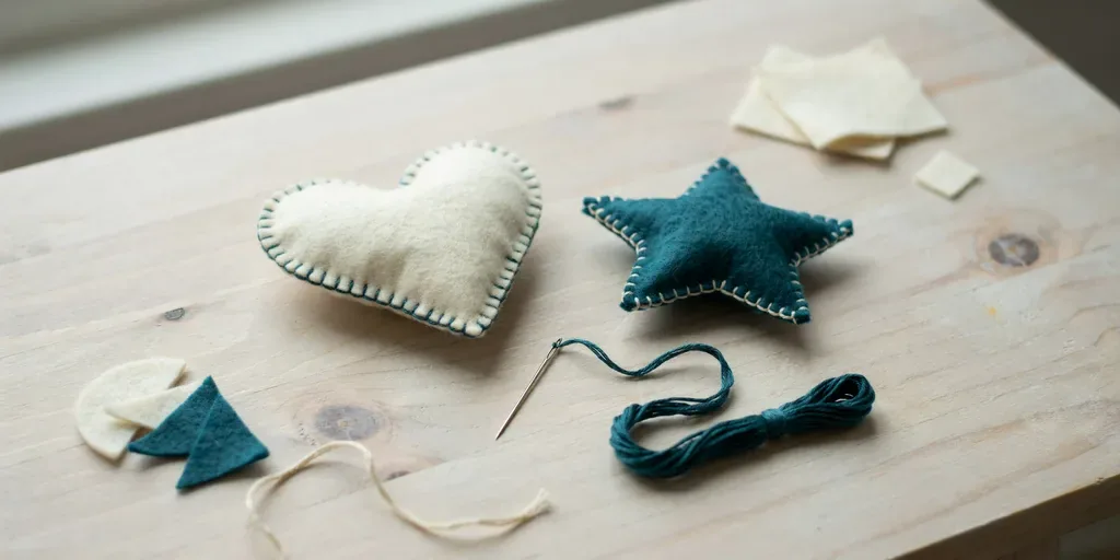 Felt heart and star ornaments in cream and deep teal edged with blanket stitch, a needle and floss beside them