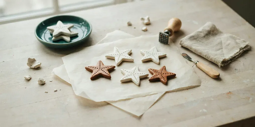 Small white air dry clay stars with a stamped dot pattern, some painted walnut brown, on parchment