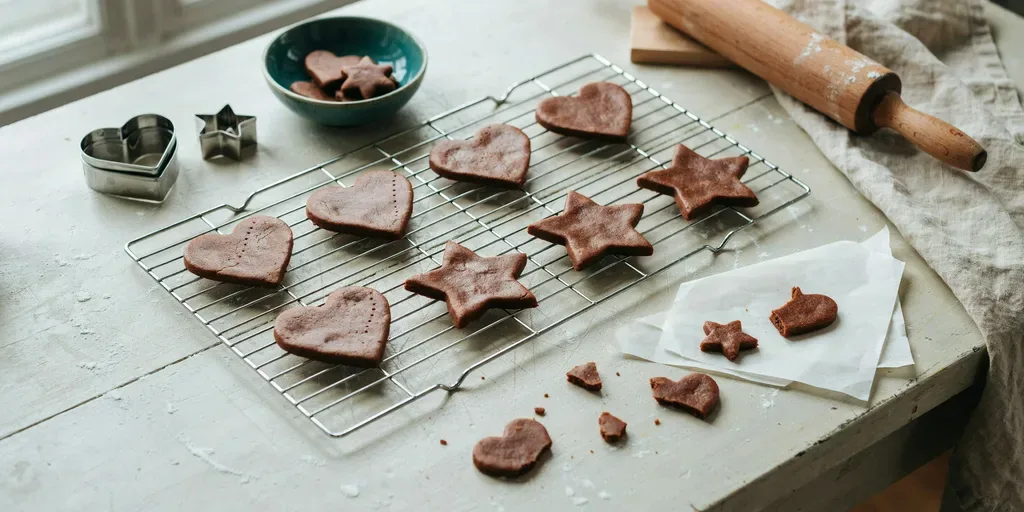 Dark brown cinnamon dough ornaments in heart and star shapes cooling on a rack