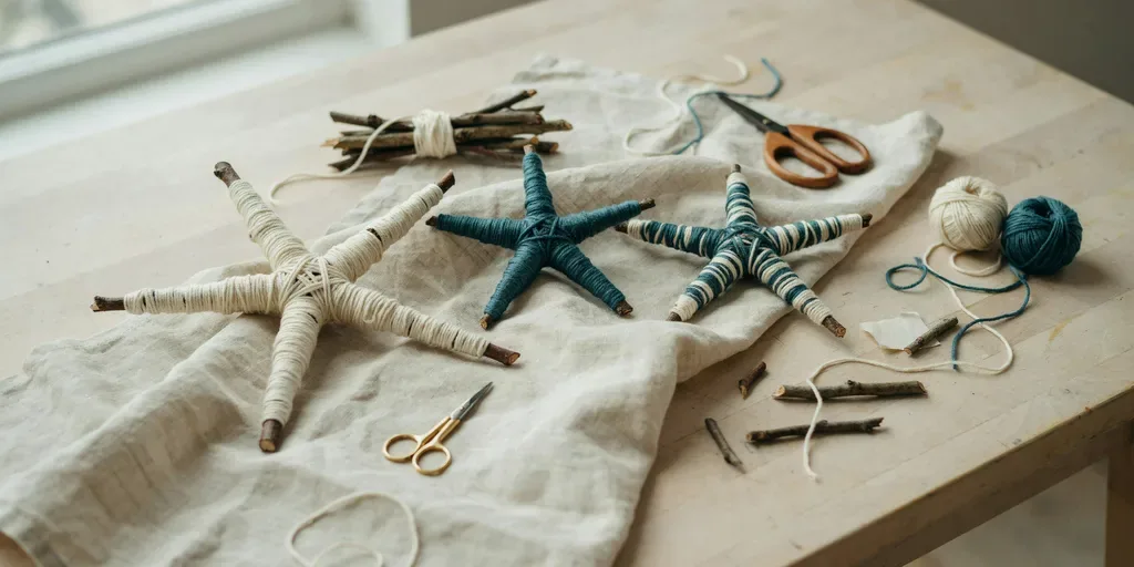 Stars made from twigs wrapped in cream and teal yarn, lying on linen