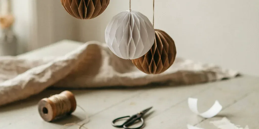 Folded paper ball ornaments in kraft and white paper hanging on thread